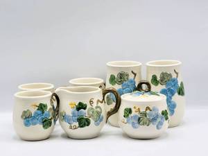 lot 5139 image: Poppytrail by Metlox Vintage Blue Sculptured Grape - 7 Pieces - Cream & Sugar, Coffee Cups ...