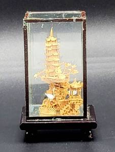 lot 5142 image: Miniature Vintage Asian Cork Carving in Glass Box on Stand 2.5w x 4t
