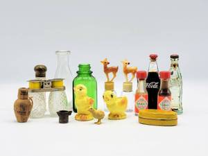 lot 5143 image: Random Lot of Vintage Miniatures - Dr. Morses Indian Root Pills Tin, Mini Coke Bottles, Reindeer Bottles ...