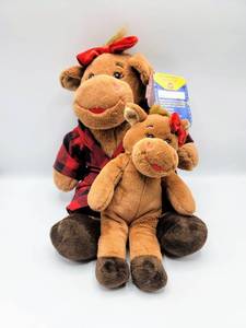 lot 5151 image: Build A Bear HOLLY Moose wtags in Plaid PJs and Miniature Holly Moose