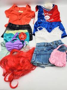 lot 5160 image: (4) Build A Bear Outfits Costume Clothing - Ariel, Volleyball Outfit and Two Cute Skirts and Shirts with Purse