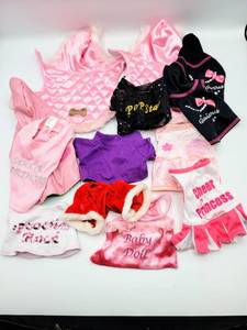 lot 5168 image: (13) Adorable X-Small Dog Outfits Pink with Fur Quilted Jackets, Rain Coat, Santa Pants, Hoodies .... So Cute