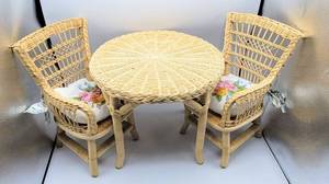 lot 5171 image: American Girl Samantha Wicker Table and Chairs with Chair Cushions
