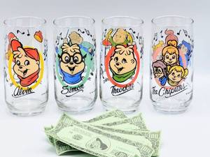 lot 5177 image: 1985 ALVIN AND THE CHIPMUNKS Complete 6 tall 4 Piece Set of Glasses - Alvin, Theodore, Simon & The Chipettes