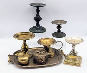 lot 5183 image: 8 Piece Lot VintageAntique Brass Tray, Candle Holders, Brass Apple and Trinket Box