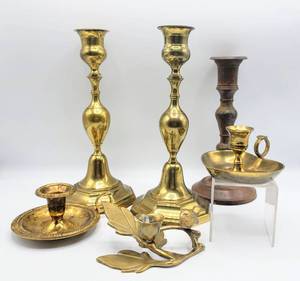 lot 5184 image: 6 Piece Lot of VintageAntique Brass Candlesticks and Candleholders