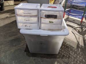 lot 6376 image: (3) Plastic Storage Containers With Disposable Food Containers