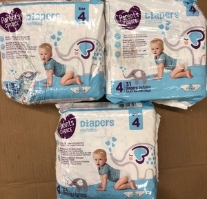 lot 510 image: Parents Choice Diapers, Size 4, 93 diapers - 3 Packs of 31 Diapers