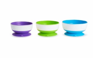 lot 523 image: Munchkin Stay Put Suction Bowl, 3 Pack, PurpleGreenBlue