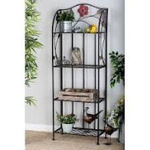 lot 167 image: Decmode - Large Indoor & Outdoor Metal Shelf with Flowers, Decorative Outdoor Shelf, Black Metal Bookshelf with 4 Shelves, Metal Shelving Unit, 25 x 68
