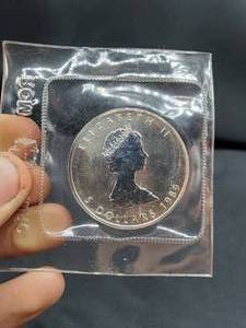 lot 2036 image: 1989 Canadian 1 Oz Silver 5 Dollars Elizabeth II 2nd Portrait Coin