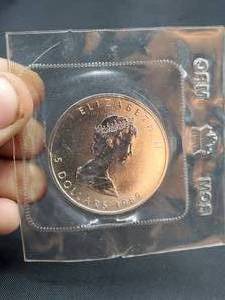 lot 2045 image: 1989 Canadian 1 Oz Silver 5 Dollars Elizabeth II 2nd Portrait Coin