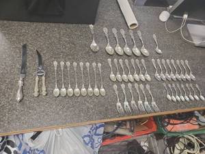 lot 2153 image: 43 Piece Sterling Silver Flatware Set w Sterling Silver Shears and Bread Knife