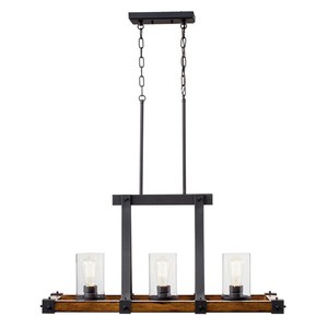 lot 209 image: Kichler Lighting Barrington 32.01-in W 3-Light Distressed Black and Wood Kitchen Island Light with Clear Shade