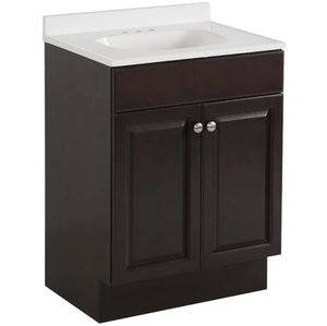lot 211 image: Project Source 24-in Java Single Sink Bathroom Vanity with White Cultured Marble Top- Retail $148.00