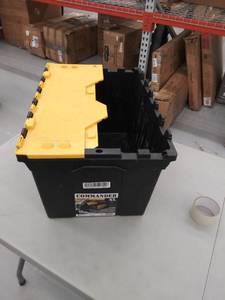lot 4289 image: Centrex Plastics, LLC Commander 12-Gallon Black Tote with Hinged Lid- ONLY 1 SIDE OF HINGED LID, USED