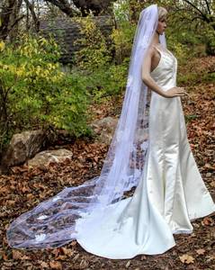 lot 7561 image: 114 Long Cathedral Veil with White Trim and Jeweled Floral Details