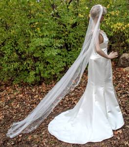 lot 7564 image: 108 Long Cathedral Veil with Faint Silver and Jeweled Floral Details