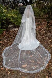 lot 7569 image: 118 Long Layered Cathedral Veil White with Hand Stitched Jeweled Designs and Ribbed Edging Around Entire Veil