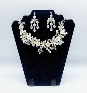 lot 7594 image: Crystal and Pearl Detail Necklace with a Pair of Crystal Dangle Earrings