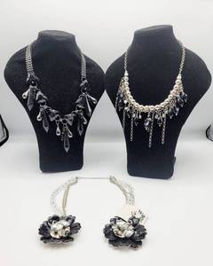 lot 7598 image: 3 Black, Silver and Rhinestone Statement Necklaces - Brands VCLM and Venture
