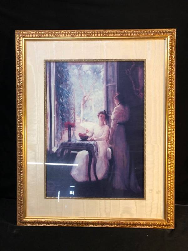 lot 4632 image: Framed Painting Depiction of Two Women Talking Location Shelf P4