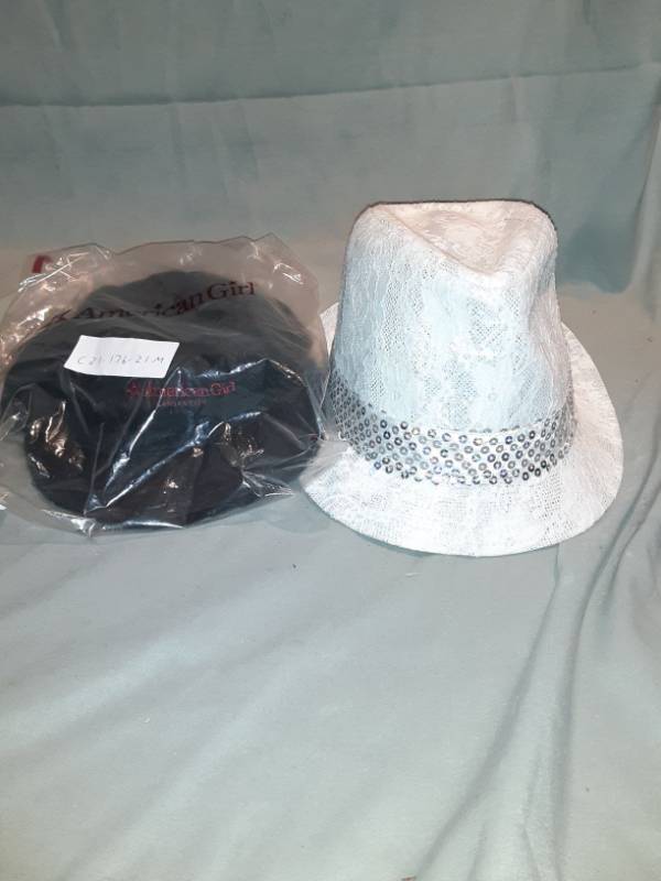 lot 4740 image: Lot of 2 Hats, Girls Lace and Sequinned Fedora, In Package American Girl Adjustable Fit