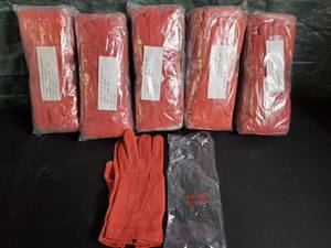 lot 77457 image: Lot of 5 NEW Packs of 100% Nylon Handler Gloves. RED. 12 in 1 pack