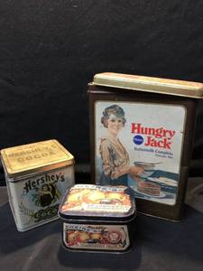 lot 80460 image: Various Brand Name Vintage Metal Containers Location Shelf 4