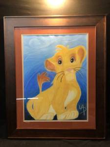 lot 80495 image: Framed Hand Drawn Chalk Drawing of Simba from the Lion King Location Near Shelf 6