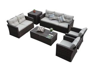 lot 4893 image: Rio- 6 Piece 7 Seat Dark Dark Brown All Weather Wicker Conversation Set With Storage and Tan Color Cushions