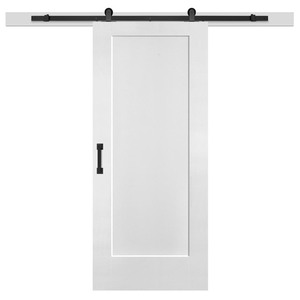 lot 366 image: Masonite 36 in. x 84 in. Lincoln Park Primed Interior Sliding Barn Door Slab with Hardware Kit, Primed White