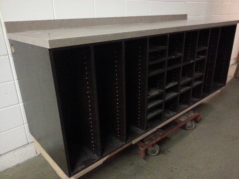 lot 1192 image: Serious heavy duty shipping or packing table bench with adjustable cubby holes