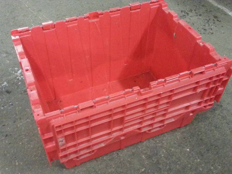 lot 1222 image: Red Orange 22 X 16 X 12 Deep Heavy commercial grade dual stackable Tote with interlocking flap lid