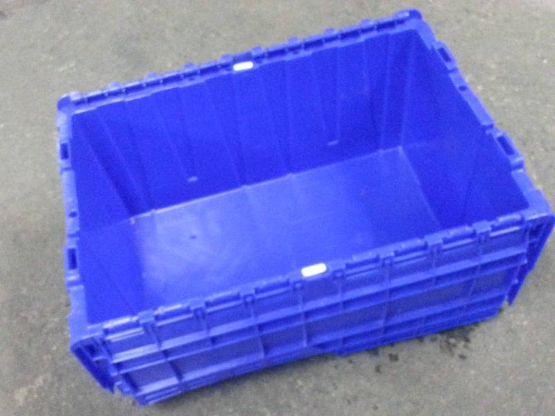 lot 1224 image: Dark Blue 22 X 15 X 10 Deep Heavy commercial grade dual stackable Tote with interlocking flap lid