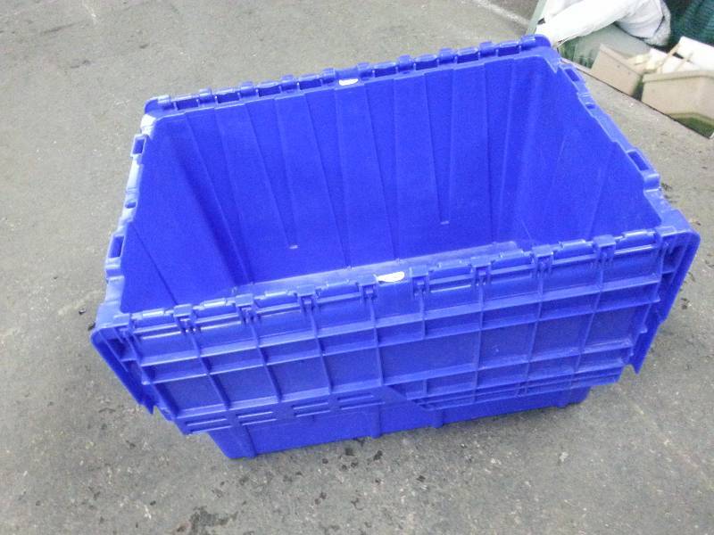 lot 1225 image: Dark Blue 22 X 15 X 13 Deep Heavy commercial grade dual stackable Tote with interlocking flap lid