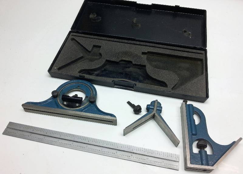 lot 1245 image: 4 piece combination tri-square tool set with angle finding level and 12 inch steel rule