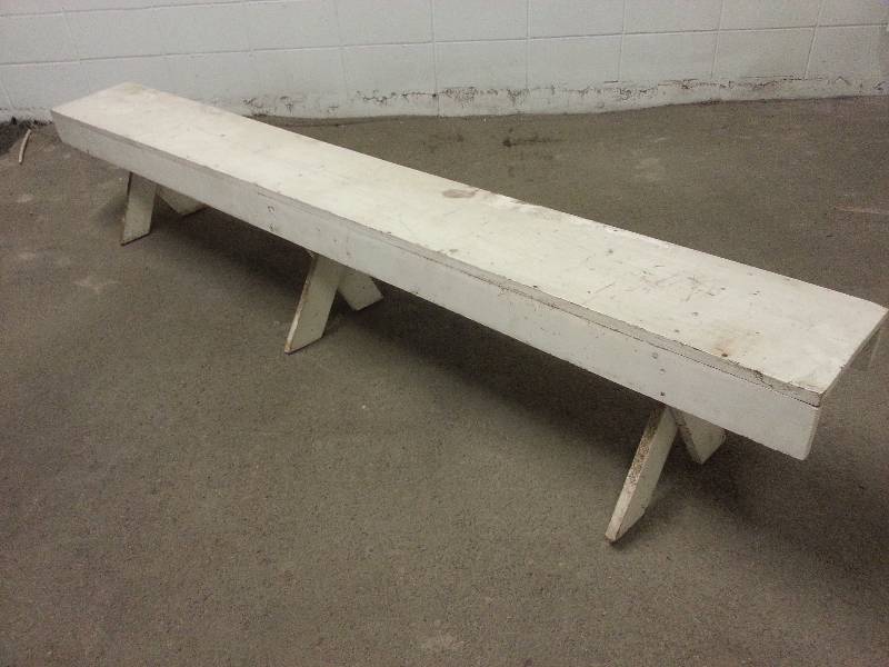 lot 1269-2 image: Lunch room picnic table just hanging out on the patio wood bench 8 foot long, 11-12 wide and sits about 17 off the ground.  Lucky I have another of these at auction this week