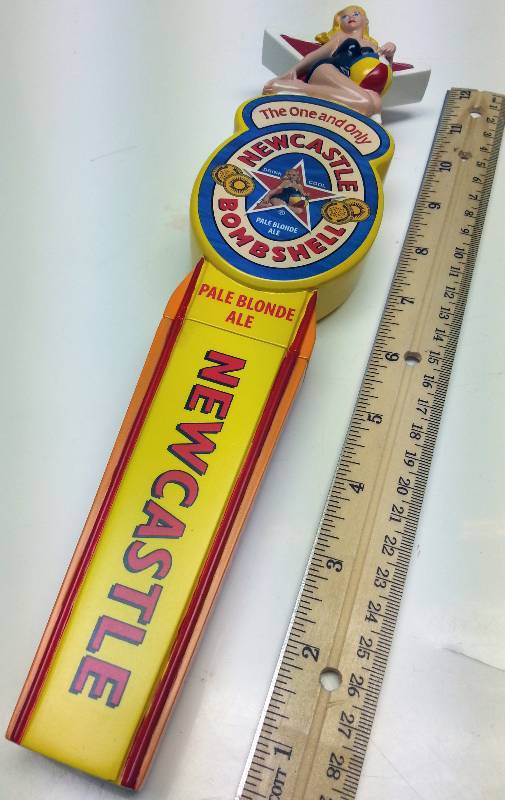 lot 1281 image: New Castle Bomb shell Pale Blonde Ale beer 2 piece tap handle 38 NC threads new in the box