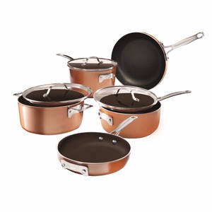 lot 95092 image: Gotham Steel StackMaster 8-Piece Aluminum Ultra-Nonstick Cast Textured Ceramic Coating Cookware Set, Brown