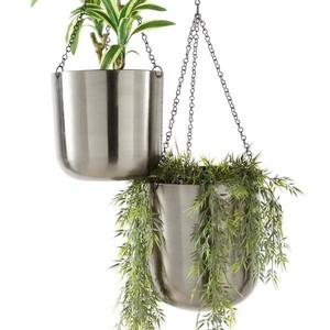 lot 95103 image: Large, Round Metallic Silver Metal Hanging Indoor & Outdoor Planters Set of 2