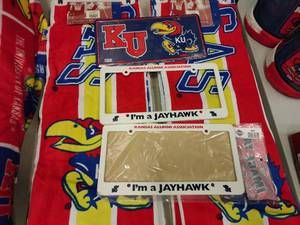 lot 1771 image: Lot of 2 KU License Plates, 2 Im a Jayhawk License Plate Covers and a Mini Jayhawk