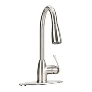 lot 6407 image: Project Source Brushed Nickel 2-Handle Deck Mount Pull-Down Kitchen Faucet