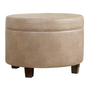 lot 3762 image: HomePop Round Faux Leather Storage Ottoman - Taupe- Retail$115.49