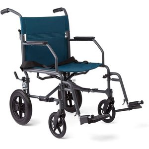 lot 65128 image: Medline Steel Transport Chair Wheelchair with Microban Antimicrobial Treatment, Lightweight and Portable, Large 12�� Back Wheel, 19�� Seat Width, Teal