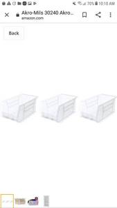 lot 65179 image: Akro-Mils 30240 AkroBins Plastic Storage Bin Hanging Stacking Containers, (15-Inch x 8-Inch x 7-Inch), Clear