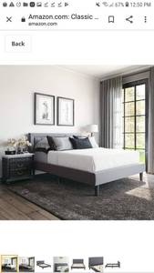 lot 65201 image: Classic Brands Mornington Upholstered Platform Bed  Headboard and Metal Frame with Wood Slat Support, Queen, Light Grey