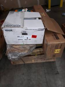lot 65253 image: Wood Pallet of Bed Frames,Sink,baby Stuff etc