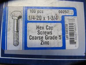 lot 1613 image: NEW (100) 14-20X34 Hex Head Cap Screws Grade 5 Zinc Plated Steel 14- 20 x 1 34