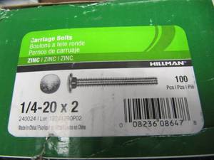 lot 1560 image: NEW Carriage Bolt Zinc Plated Bolts Steel - 14-20 x 2 FT - Qty-100
